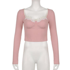 Ribbed lace hem long sleeve ruched contrast top