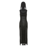 Hoodie sleeveless slit belt maxi dress