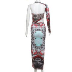 Irregular print contrast drawstring ruched high slit hollow out maxi dress | red tango dress