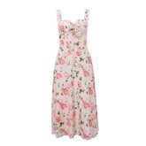 Rose print knotted ruched lace hem cami midi dress