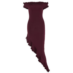 Short sleeve off shoulder ruffle irregular midi dress | red tango dress