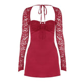 Long sleeve lace knotted ruched solid mini dress | red tango dress
