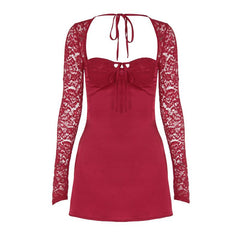 Long sleeve lace knotted ruched solid mini dress | red tango dress