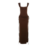 U neck self tie solid tank maxi skirt set