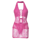 Halter lace knotted lace up mini skirt set