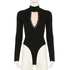 High neck long sleeve mesh patchwork bodysuit