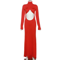 Hollow out solid long sleeve high neck zip-up maxi dress | red tango dress