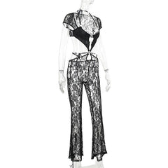 Short sleeve halter o ring lace hollow out jumpsuit
