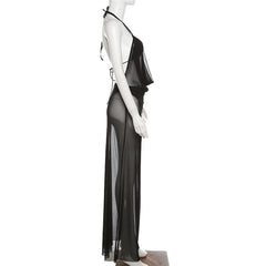 Ruched sheer mesh solid halter self tie backless 3 piece maxi dress | samba dress