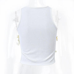 Sleeveless round neck lace up hollow out ribbed crop cut out top