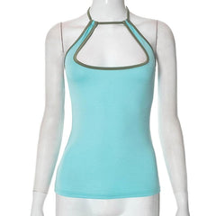 Halter contrast hollow out self tie backless cut out top