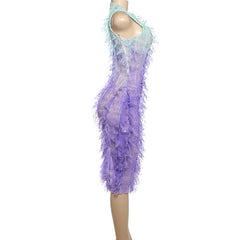 Gradient tassels hollow out see through crewneck midi dress