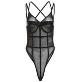 Stitch mesh patchwork cross back cami bodysuit