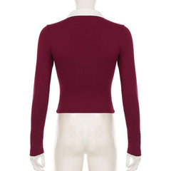 Turnover collar long sleeve striped letter print top