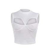 Sleeveless crewneck hollow out solid tank top