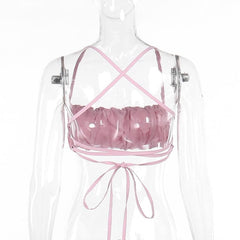 Ruched backless lace up cross back solid cami top