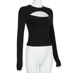 Lace hem hollow out contrast crewneck long sleeve cut out top