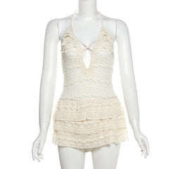 Halter self tie see through v neck hollow out mini dress