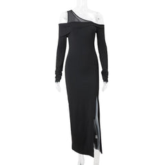 Off shoulder long sleeve slit solid maxi dress