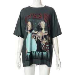 Contrast print short sleeve crewneck T-shirt top