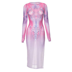 Long sleeve sheer mesh print midi dress | samba dress