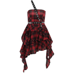 Ruffle plaid zip-up irregular one shoulder backless mini dress | red tango dress