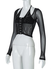 Halter long sleeve mesh lace hem button top