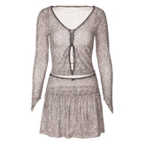 Long sleeve leopard print lace up ruched skirt set