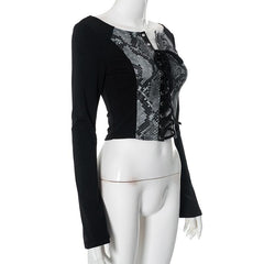 Long sleeve print lace up top