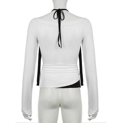 Halter v neck long sleeve bowknot top