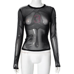 Long sleeve crewneck mesh beaded top