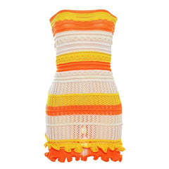 Backless ruffle contrast striped crochet tube dress | red tango dress