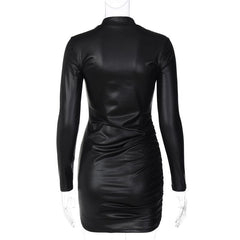 Ruched solid long sleeve high neck mini dress | red tango dress