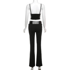 V neck PU leather lace up cami pant set