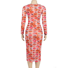 Long sleeve abstract u neck sheer mesh contrast midi dress | samba dress