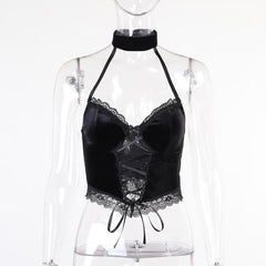 Velvet halter buttoned lace up crop top