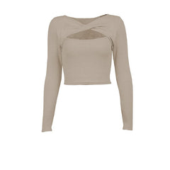 Long sleeve knitted hollow out ribbed cross front crop top
