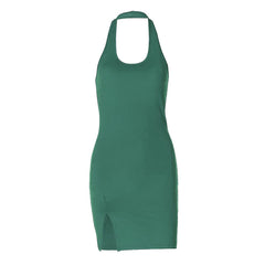 Halter u neck slit solid backless mini dress