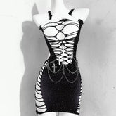 Hollow out beaded metal chain cami mini dress