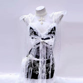 V neck lace hem bowknot metal chain cami mini skirt set