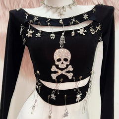 Long sleeve hollow out skull beaded top