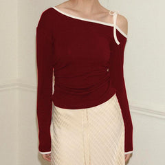 One shoulder long sleeve self tie top