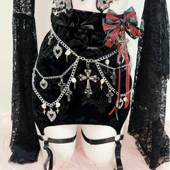 Long sleeve lace butterfly pattern bowknot metal chain mini skirt set