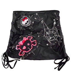 Skull pattern beaded drawstring buckle mini skirt set