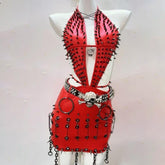 Halter rivet deep v neck PU leather metal chain mini dress