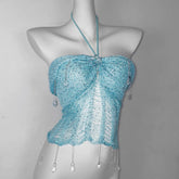 Halter knotted crystal pendant shrug hollow out ruched pant set