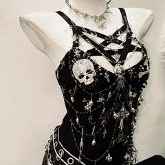 PU leather beaded skull o ring metal chain mini skirt set