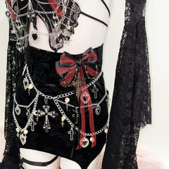 Long sleeve lace butterfly pattern bowknot metal chain mini skirt set