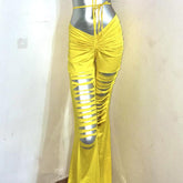 Halter bowknot ruched contrast hollow out self tie low rise pant set