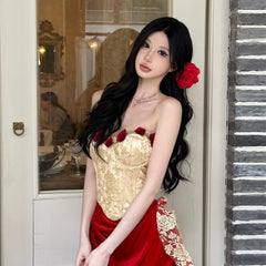 Sweetheart neck bustier flower applique contrast tube maxi dress